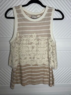 Anthropologie Cream and Tan Lace-Overlay Striped Tank